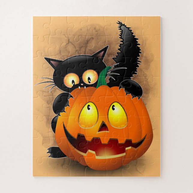 Cat Fun Halloween Character biting a Pumpkin Jigsaw Puzzle (Vertical)