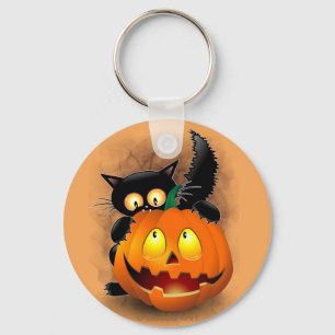 Cat Fun Halloween Character biting a Pumpkin Keychain