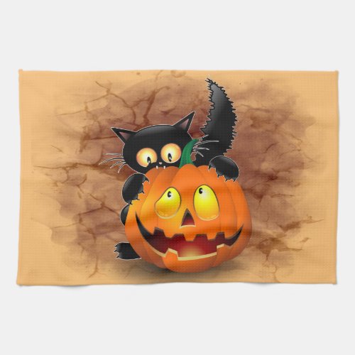 Cat Fun Halloween Character biting a Pumpkin Kitchen Towel