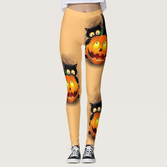 Cat Fun Halloween Character biting a Pumpkin Leggings (Front)