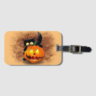 Cat Fun Halloween Character biting a Pumpkin Luggage Tag