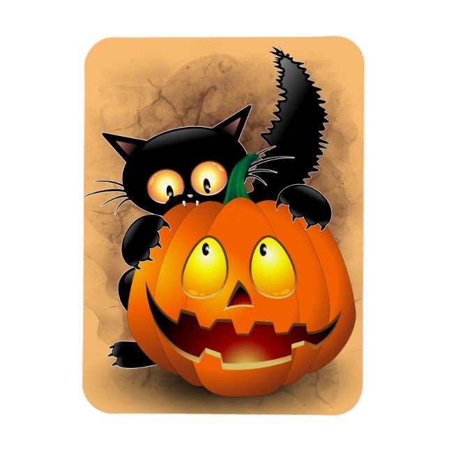 Cat Fun Halloween Character biting a Pumpkin Magnet (Vertical)