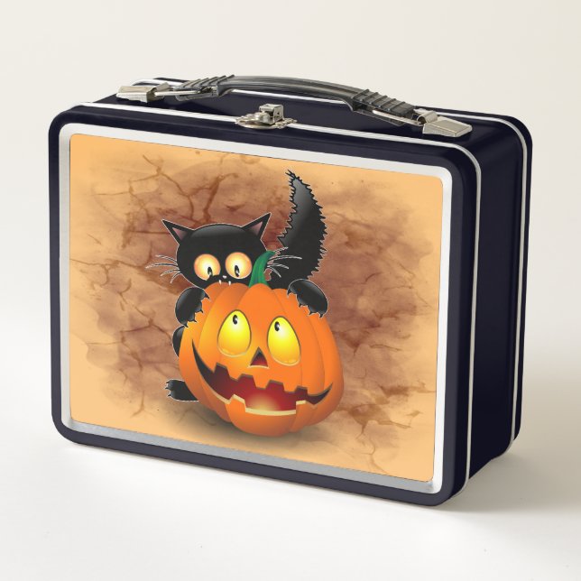 Cat Fun Halloween Character biting a Pumpkin Metal Lunch Box (Front)