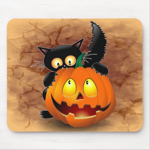 Cat Fun Halloween Character biting a Pumpkin Mouse Pad