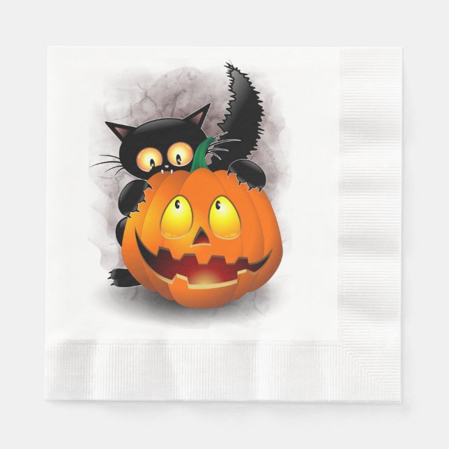 Cat Fun Halloween Character biting a Pumpkin Napkins (Front)