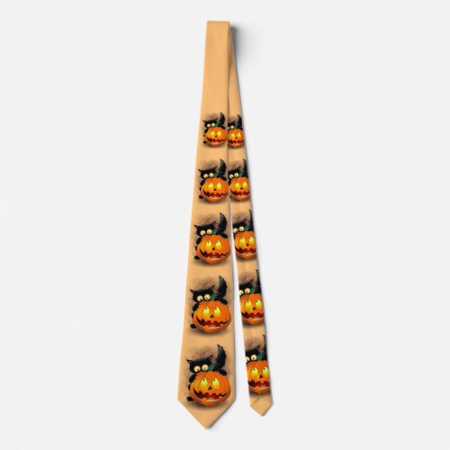 Cat Fun Halloween Character biting a Pumpkin Neck Tie