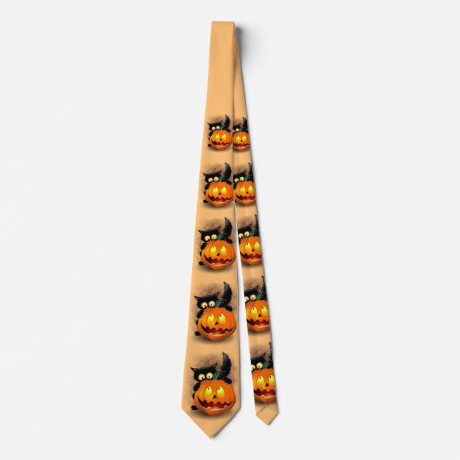 Cat Fun Halloween Character biting a Pumpkin Neck Tie (Front)
