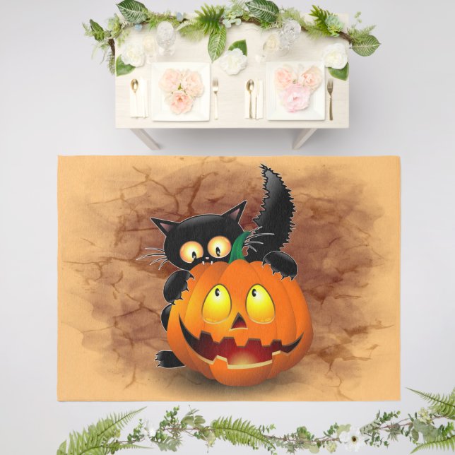 Cat Fun Halloween Character biting a Pumpkin Outdoor Rug (Insitu (Wedding 2))