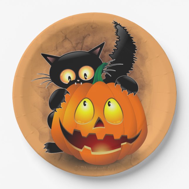 Cat Fun Halloween Character biting a Pumpkin Paper Plates (Front)