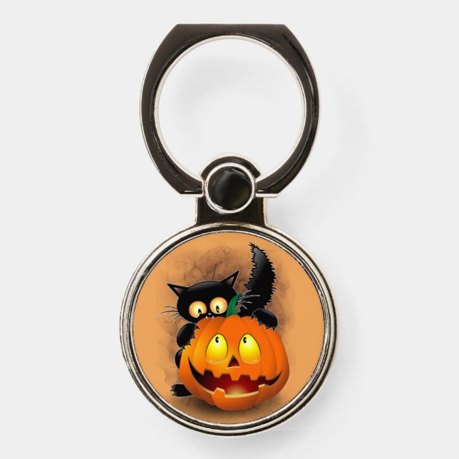 Cat Fun Halloween Character biting a Pumpkin Phone Ring Stand (Front)