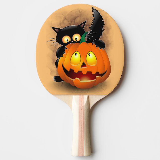 Cat Fun Halloween Character biting a Pumpkin Ping Pong Paddle (Front)