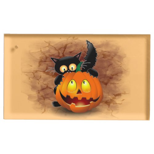 Cat Fun Halloween Character biting a Pumpkin Place Card Holder