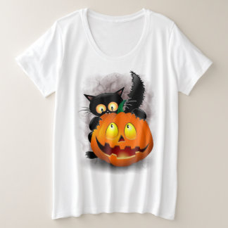 Cat Fun Halloween Character biting a Pumpkin Plus Size T-Shirt