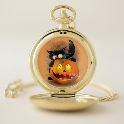 Cat Fun Halloween Character biting a Pumpkin Pocket Watch