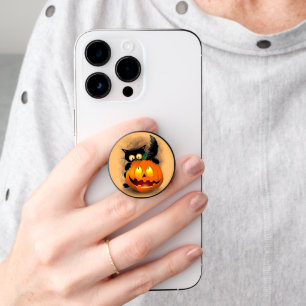 Cat Fun Halloween Character biting a Pumpkin PopSocket