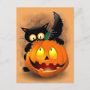 Cat Fun Halloween Character biting a Pumpkin Postcard