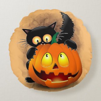 Cat Fun Halloween Character biting a Pumpkin Round Pillow