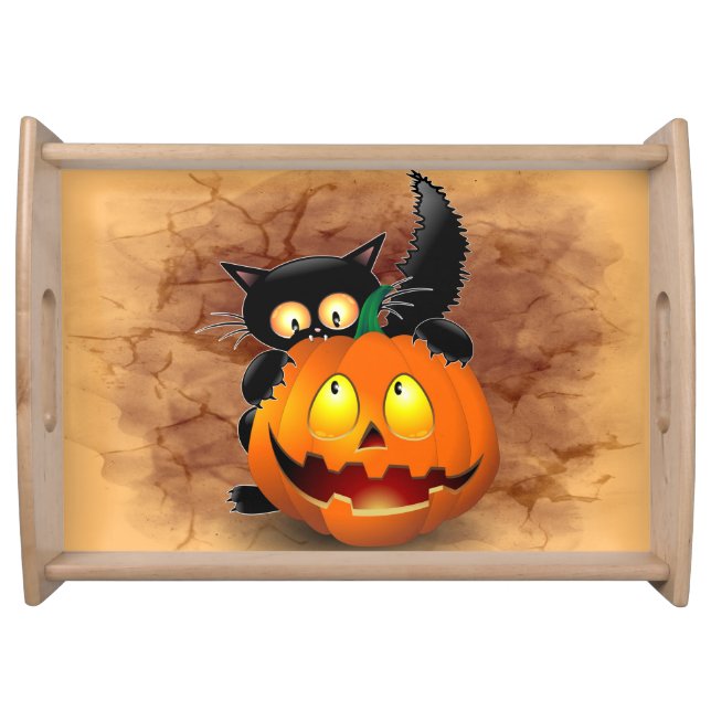 Cat Fun Halloween Character biting a Pumpkin Serving Tray (Front)