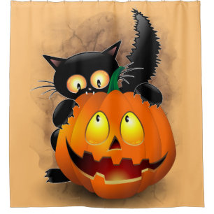 Cat Fun Halloween Character biting a Pumpkin Shower Curtain