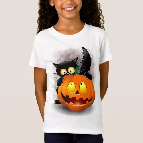 Cat Fun Halloween Character biting a Pumpkin T_Shirt