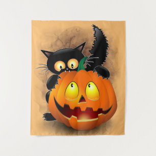 Cat Fun Halloween Character biting a Pumpkin Tapestry