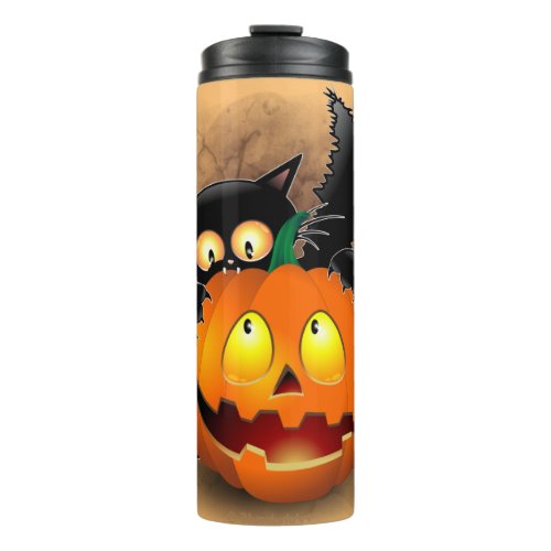 Cat Fun Halloween Character biting a Pumpkin Thermal Tumbler