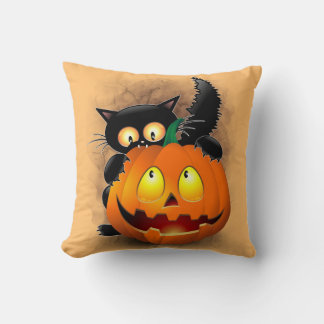 Cat Fun Halloween Character biting a Pumpkin Throw Pillow