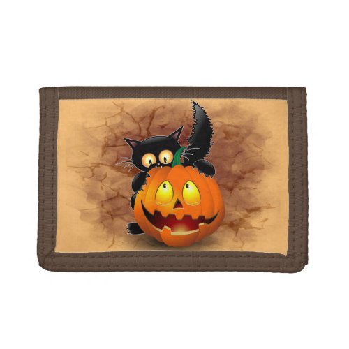 Cat Fun Halloween Character biting a Pumpkin Trifold Wallet