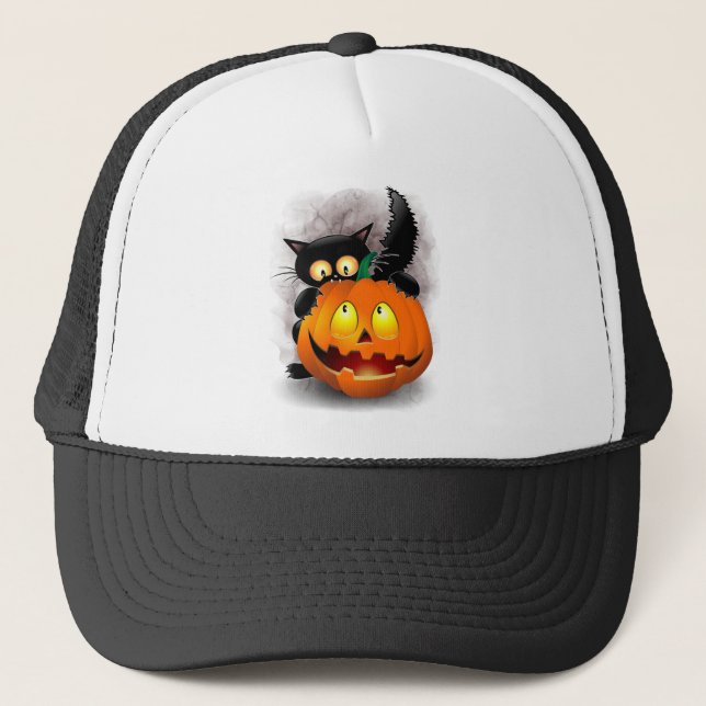 Cat Fun Halloween Character biting a Pumpkin Trucker Hat (Front)