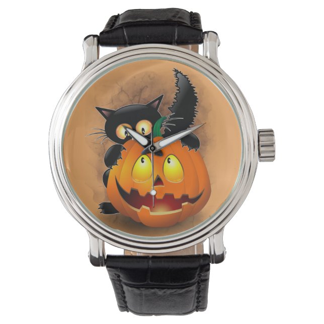 Cat Fun Halloween Character biting a Pumpkin Watch (Front)