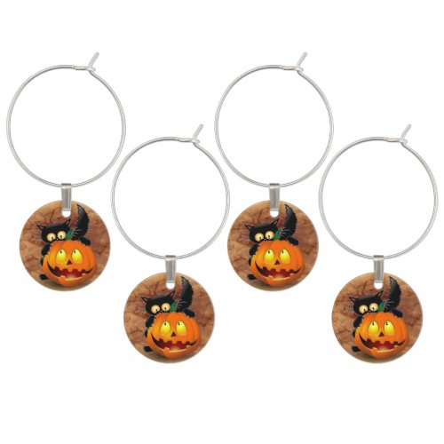 Cat Fun Halloween Character biting a Pumpkin Wine Charm