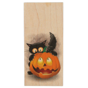Cat Fun Halloween Character biting a Pumpkin Wood Flash Drive