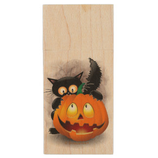 Cat Fun Halloween Character biting a Pumpkin Wood Flash Drive