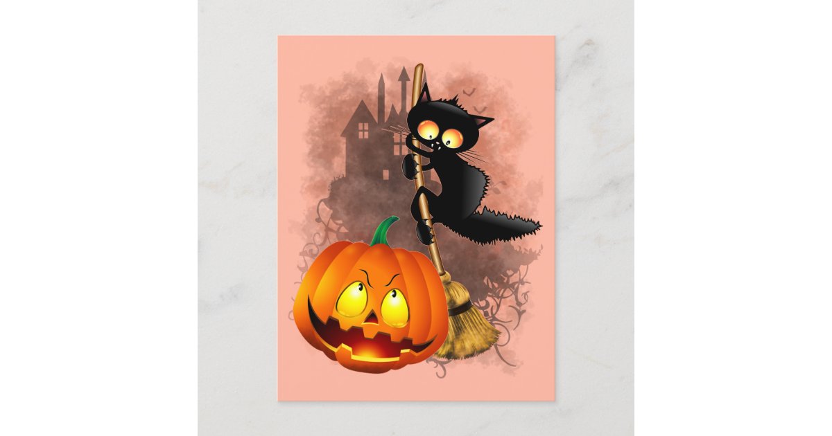 Cat Fun Halloween Character scared by a Pumpkin Postcard | Zazzle