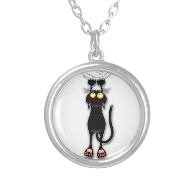 Cat funny Character Scratching Fabric Silver Plated Necklace (Front)