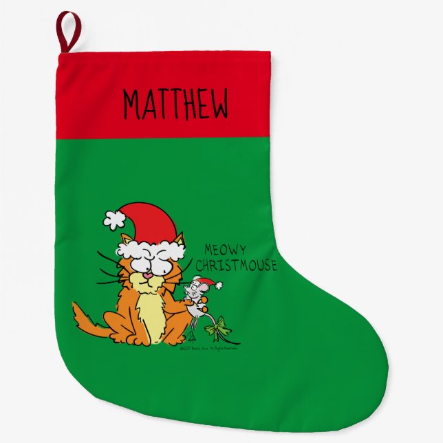 Cat Funny Christmas Cartoon Cute Mouse Large Christmas Stocking (Front)