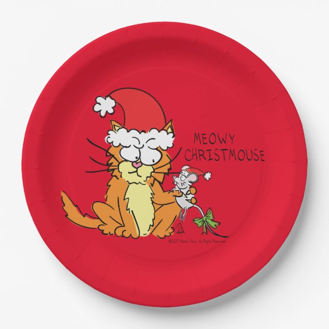 Cat Funny Christmas Cartoon Cute Mouse Paper Plates (Front)