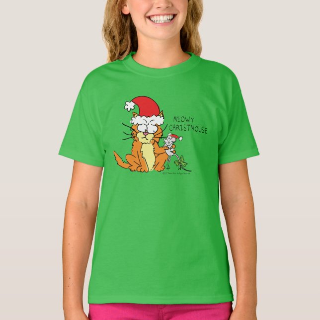 Cat Funny Christmas Cartoon Cute Mouse T-Shirt (Front)