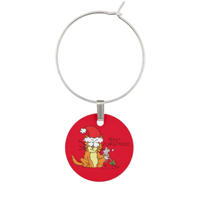 Cat Funny Christmas Cartoon Cute Mouse Wine Charm (Front)