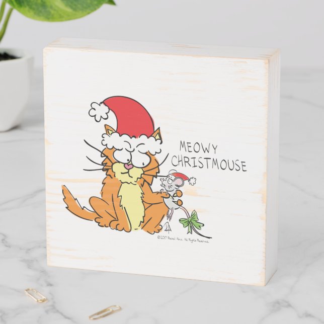 Cat Funny Christmas Cartoon Cute Mouse Wooden Box Sign (In Situ Horizontal)