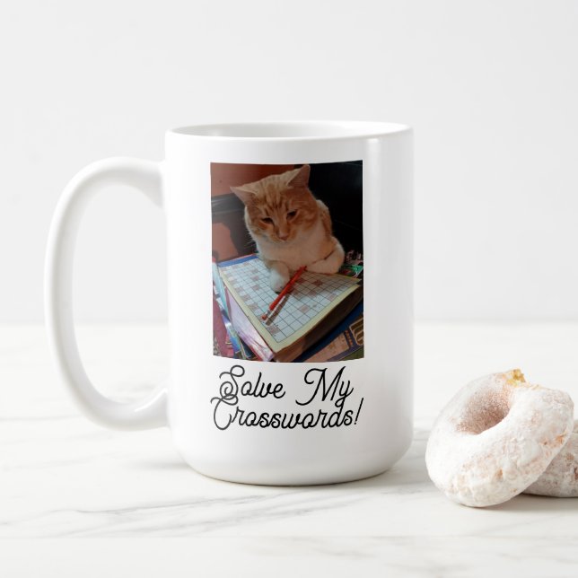 Cat Funny Solve My Crosswords Customised  Photo Coffee Mug (With Donut)