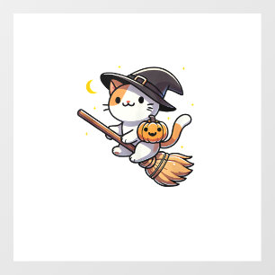 Cat Funny Witch Halloween Costume Broom Stick Boys Wall Decal
