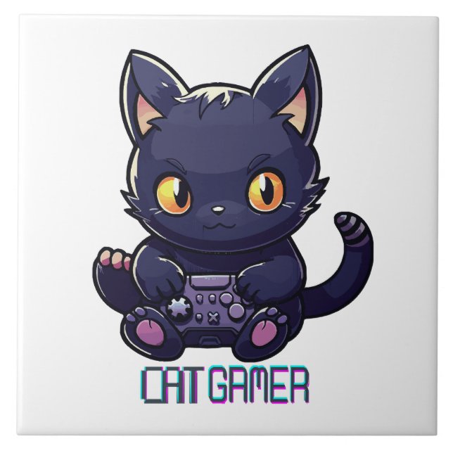 Cat Gamer Ceramic Tile (Front)