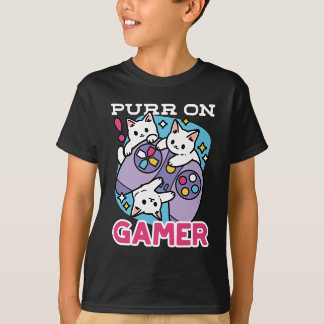  Cat Gamer Design - Purr On Gamer Joystick Art T-Shirt (Front)