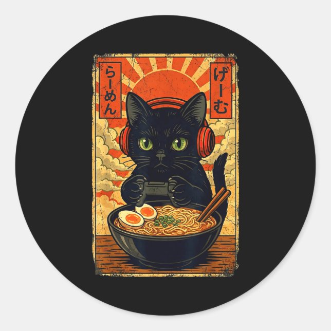 Cat Gamer Men Anime Kawaii Funny Gaming Headset Ca Classic Round Sticker (Front)