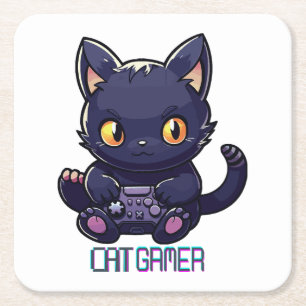 Cat Gamer Square Paper Coaster