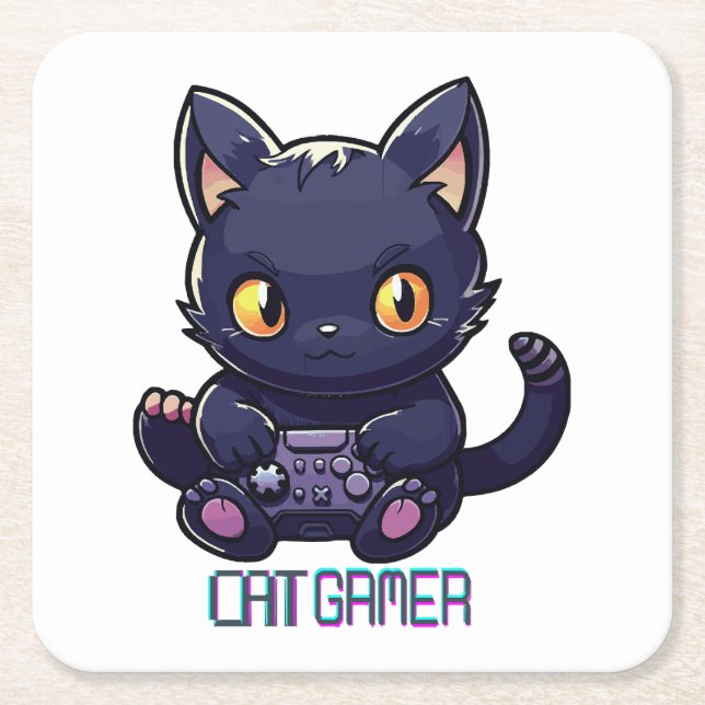 Cat Gamer Square Paper Coaster (Front)