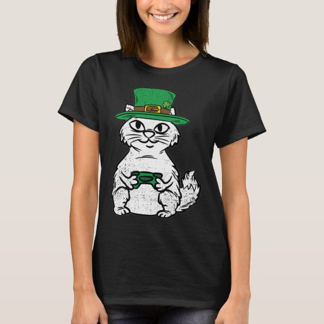 Cat Gamer St Patricks Day Funny Video-game Control T-Shirt (Front)