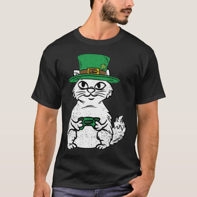 Cat Gamer St Patricks Day Funny Video-game Control T-Shirt (Front)