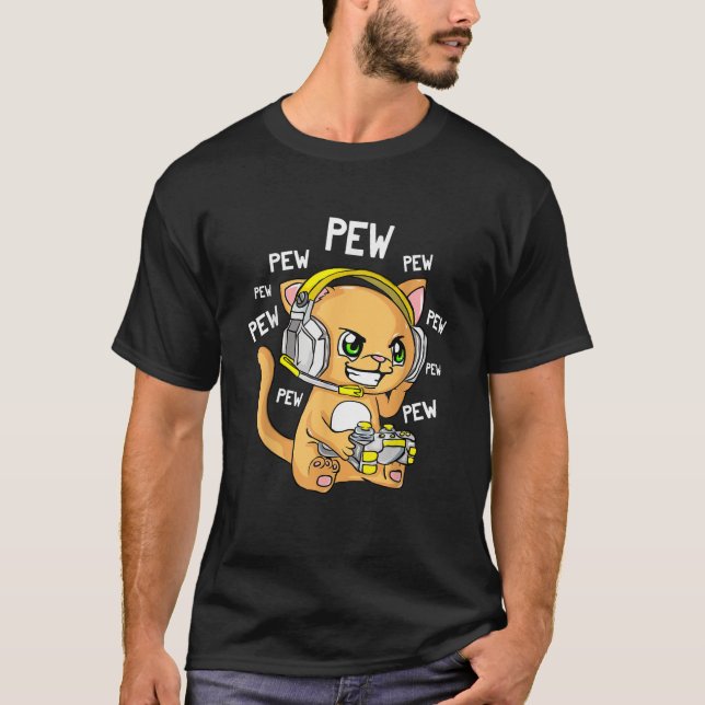 Cat Gamer with Headset Funny Gaming PEW PEW T-Shirt (Front)